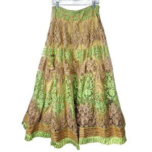 Vintage Embroidered Maxi Skirt Tassel-Detail Green & Gold Lace Indian Party XS/S